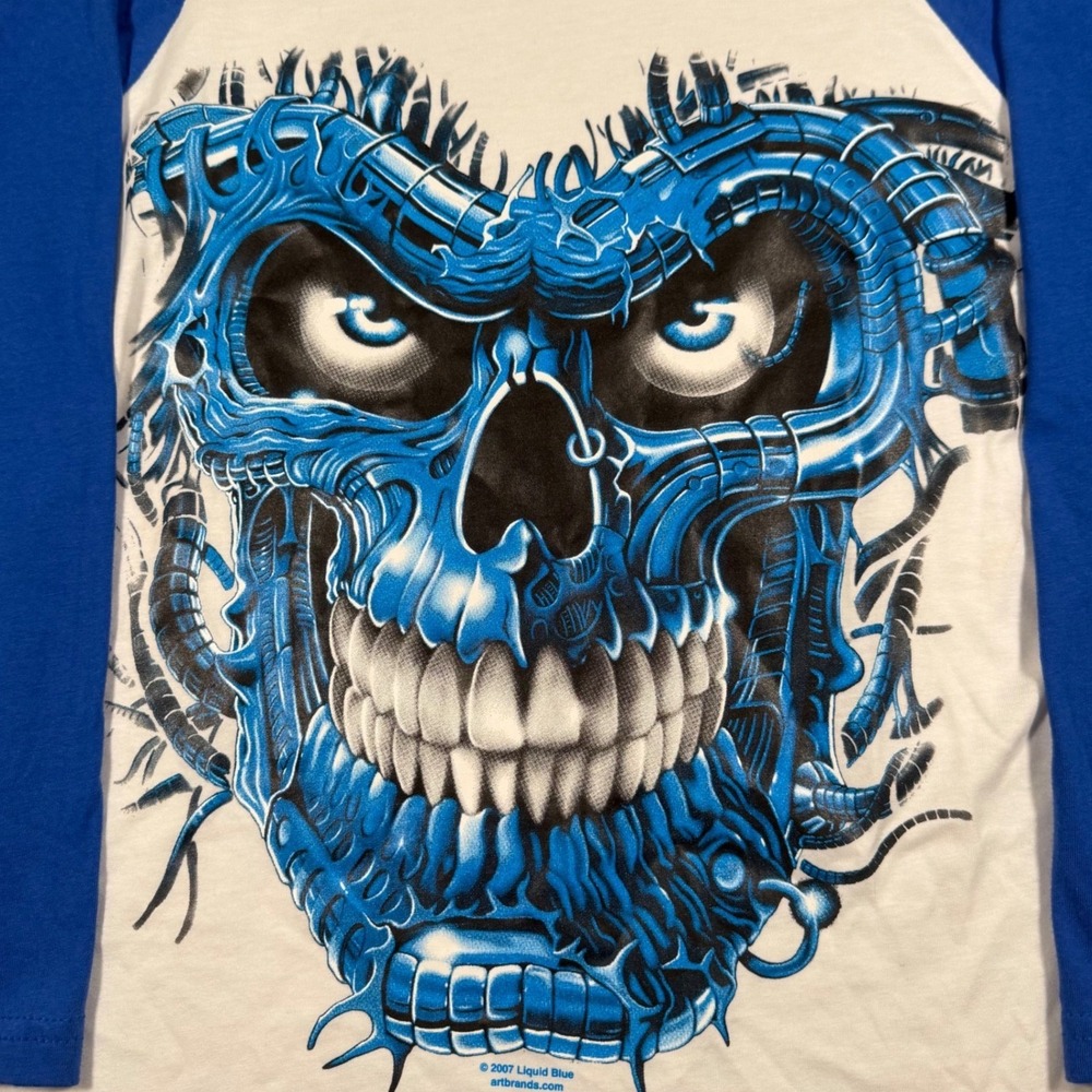 Vintage 2007 Y2K Liquid Blue Cyber Skull Shirt White Blue 3/4 Sleeve Mens Small